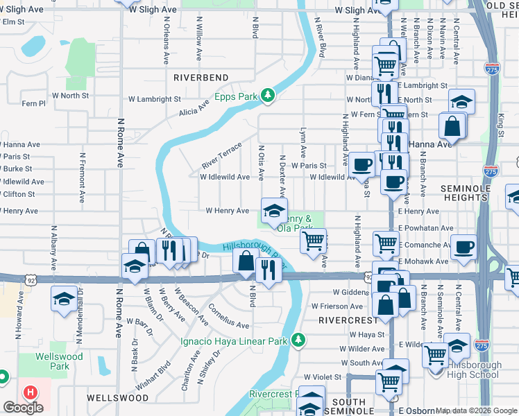 map of restaurants, bars, coffee shops, grocery stores, and more near 5907 North Otis Avenue in Tampa