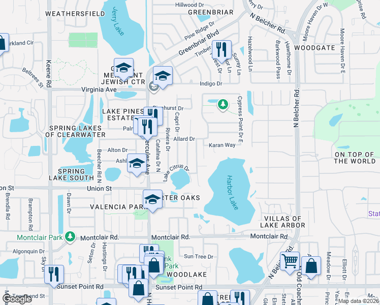 map of restaurants, bars, coffee shops, grocery stores, and more near 2165 Capri Drive in Clearwater