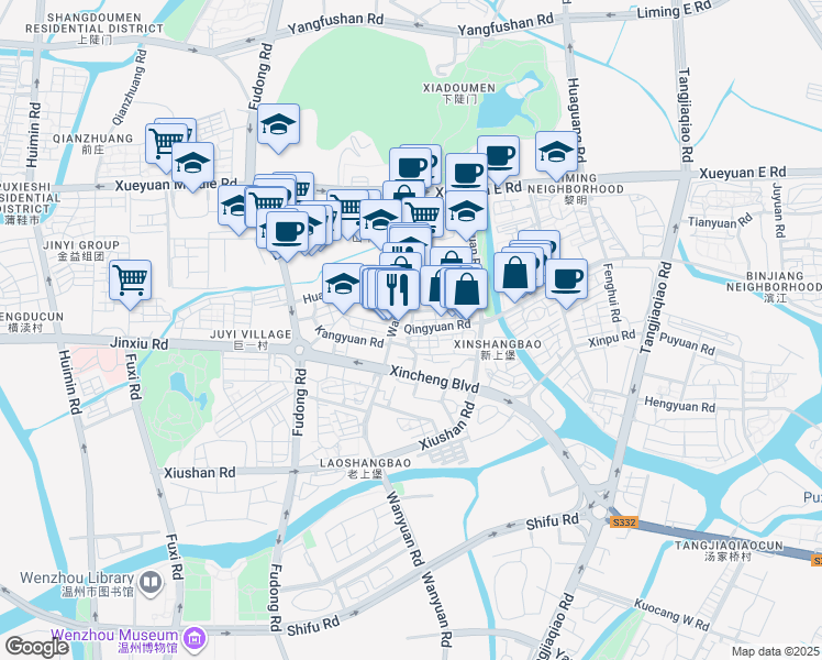 map of restaurants, bars, coffee shops, grocery stores, and more near Qing Yuan Lu in Wen Zhou Shi
