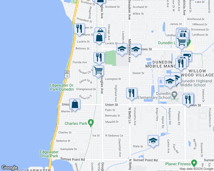 map of restaurants, bars, coffee shops, grocery stores, and more near 419 Roanoke Street in Dunedin