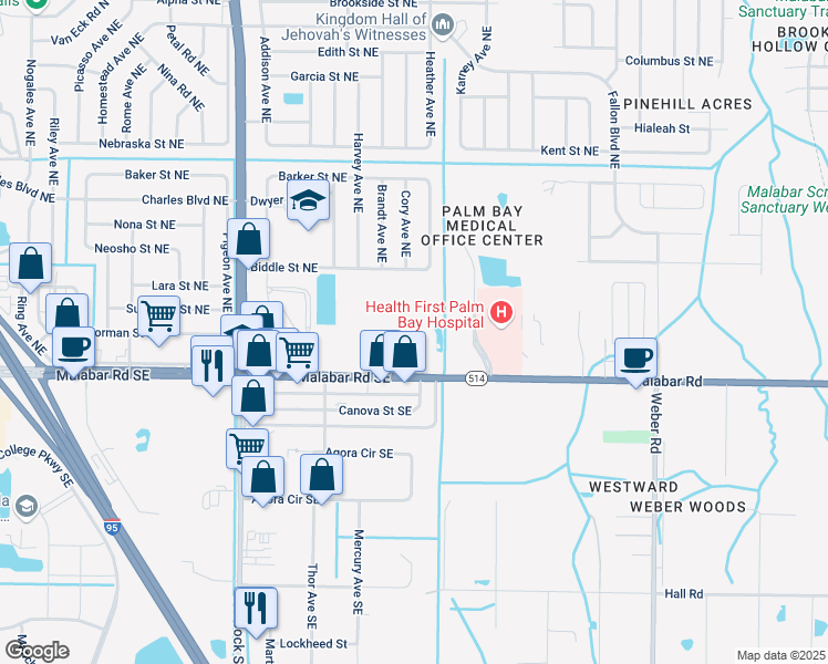 map of restaurants, bars, coffee shops, grocery stores, and more near 175 Northeast Villa Nueva Avenue in Palm Bay