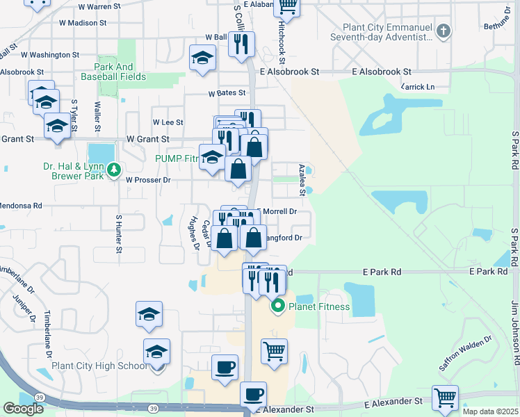 map of restaurants, bars, coffee shops, grocery stores, and more near 304 East Morrell Drive in Plant City