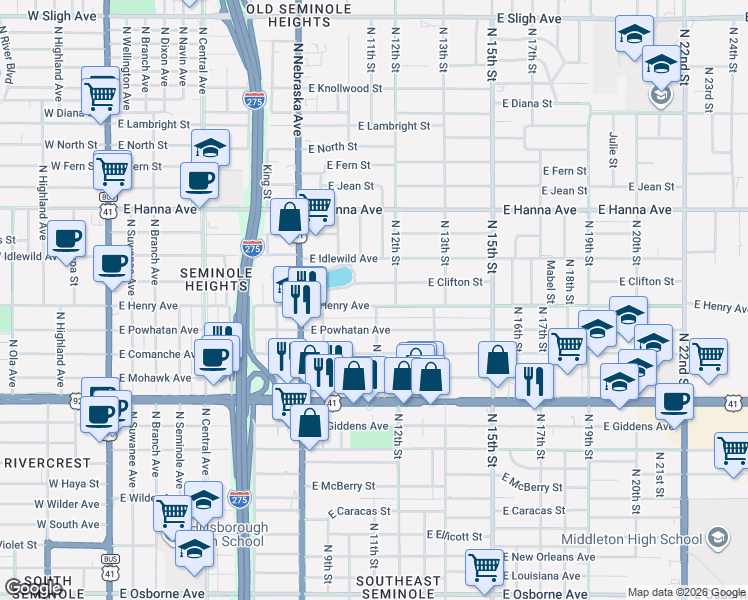 map of restaurants, bars, coffee shops, grocery stores, and more near 1200 East Henry Avenue in Tampa