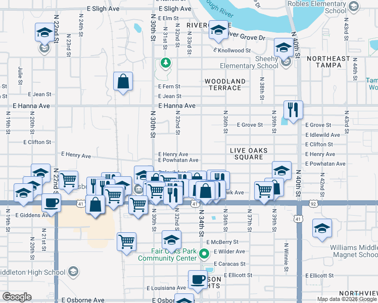 map of restaurants, bars, coffee shops, grocery stores, and more near 3212 East Henry Avenue in Tampa