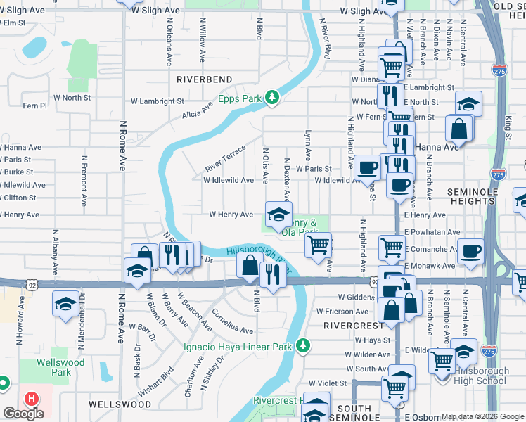 map of restaurants, bars, coffee shops, grocery stores, and more near 5907 North Otis Avenue in Tampa