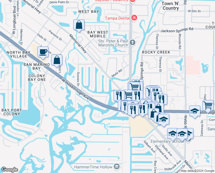 map of restaurants, bars, coffee shops, grocery stores, and more near 5812 Oxford Drive in Tampa