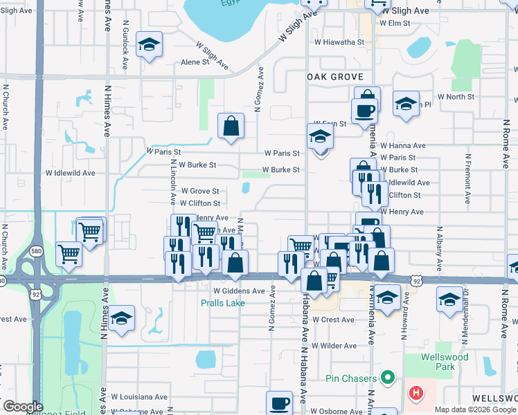 map of restaurants, bars, coffee shops, grocery stores, and more near 2927 West Henry Avenue in Tampa