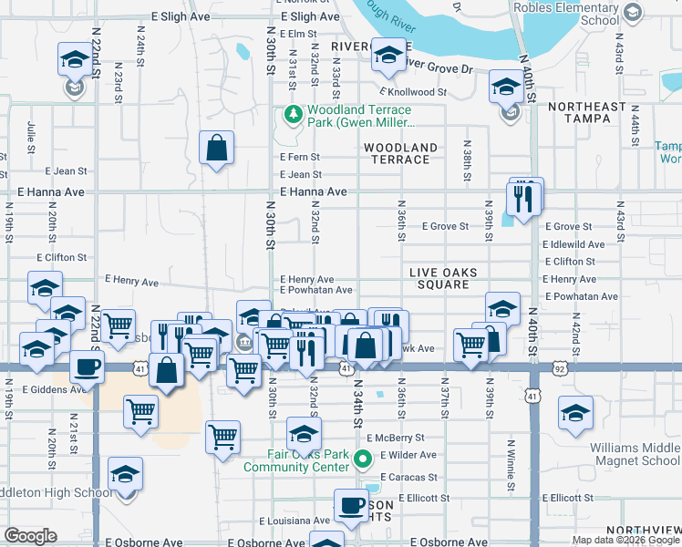 map of restaurants, bars, coffee shops, grocery stores, and more near 3212 East Henry Avenue in Tampa