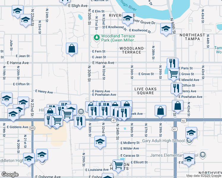 map of restaurants, bars, coffee shops, grocery stores, and more near 3212 East Henry Avenue in Tampa