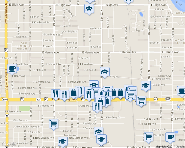 map of restaurants, bars, coffee shops, grocery stores, and more near 1921 East Clifton Street in Tampa