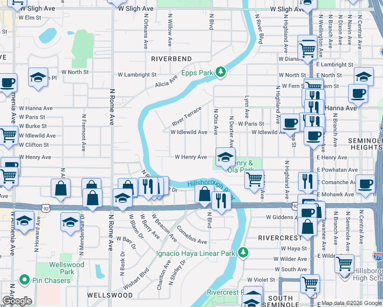 map of restaurants, bars, coffee shops, grocery stores, and more near 5909 North Ithmar Avenue in Tampa