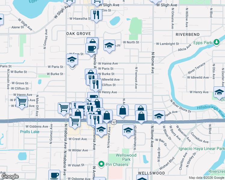 map of restaurants, bars, coffee shops, grocery stores, and more near 2122 West Clifton Street in Tampa