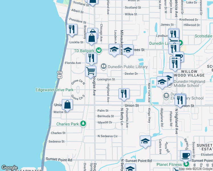 map of restaurants, bars, coffee shops, grocery stores, and more near 118 Highland Avenue in Dunedin