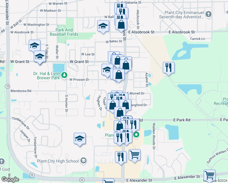 map of restaurants, bars, coffee shops, grocery stores, and more near 1510 Tangerine Court in Plant City