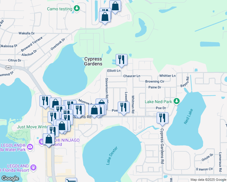 map of restaurants, bars, coffee shops, grocery stores, and more near 148 Longfellow Road in Winter Haven