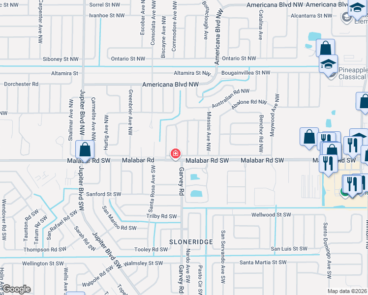 map of restaurants, bars, coffee shops, grocery stores, and more near 140 Andalusia Avenue Northwest in Palm Bay