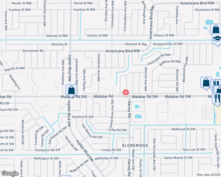 map of restaurants, bars, coffee shops, grocery stores, and more near 701 Malabar Road in Palm Bay