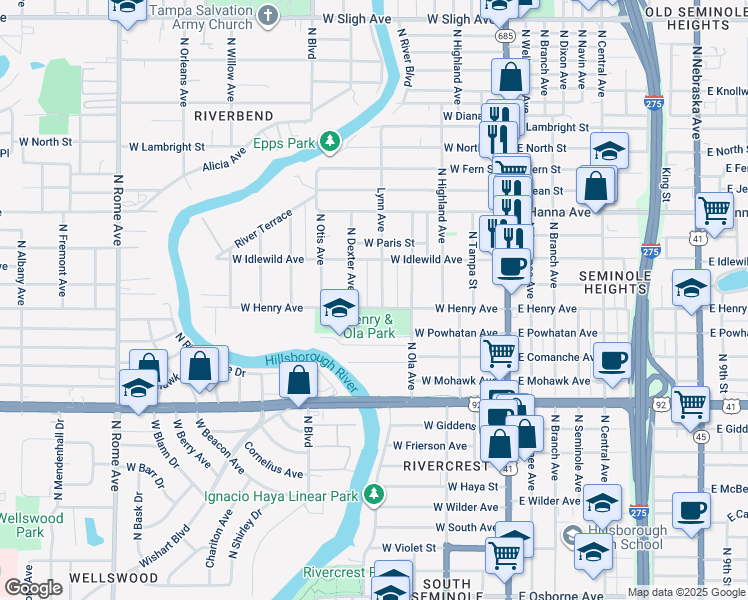map of restaurants, bars, coffee shops, grocery stores, and more near 5911 North Dexter Avenue in Tampa