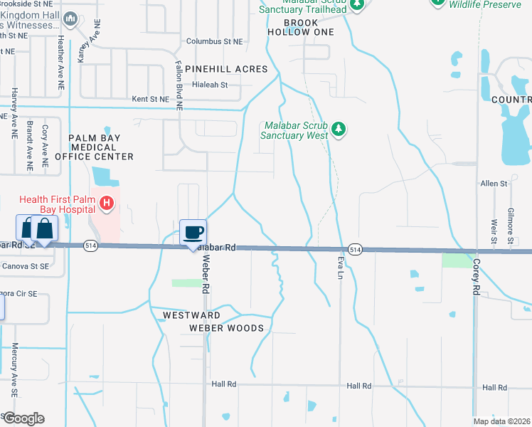 map of restaurants, bars, coffee shops, grocery stores, and more near 970 Malabar Road in Malabar