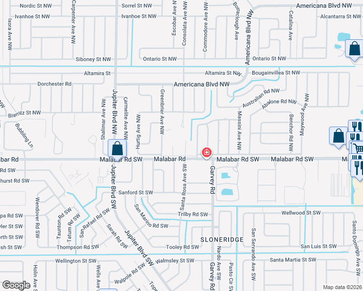 map of restaurants, bars, coffee shops, grocery stores, and more near 701 Malabar Road in Palm Bay