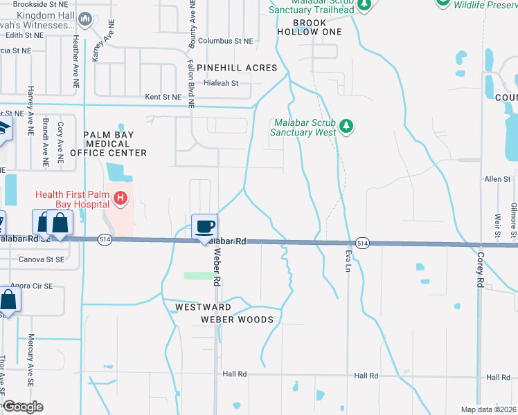 map of restaurants, bars, coffee shops, grocery stores, and more near 970 Malabar Road in Malabar