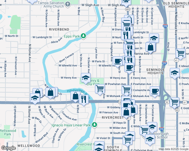 map of restaurants, bars, coffee shops, grocery stores, and more near 5911 North Dexter Avenue in Tampa
