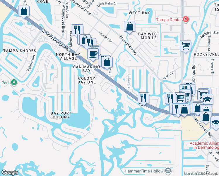 map of restaurants, bars, coffee shops, grocery stores, and more near 6223 Anhinga Place in Tampa