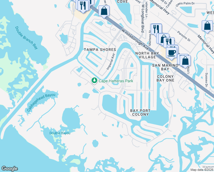 map of restaurants, bars, coffee shops, grocery stores, and more near 5348 Baywater Drive in Tampa