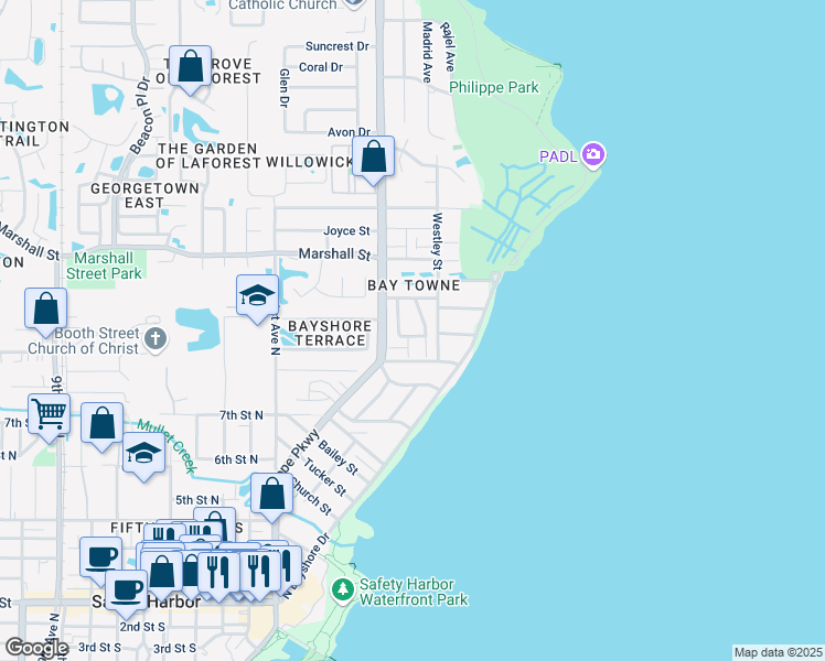 map of restaurants, bars, coffee shops, grocery stores, and more near 1142 Dover Court in Safety Harbor