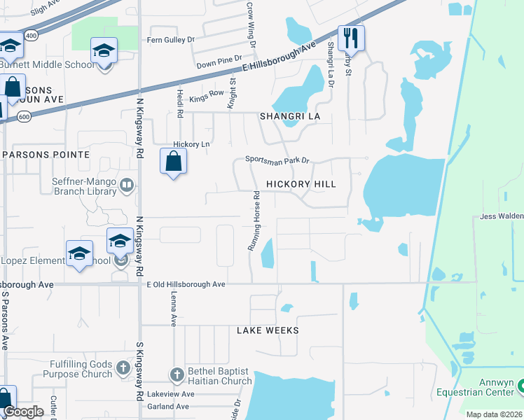 map of restaurants, bars, coffee shops, grocery stores, and more near 305 Running Horse Road in Seffner