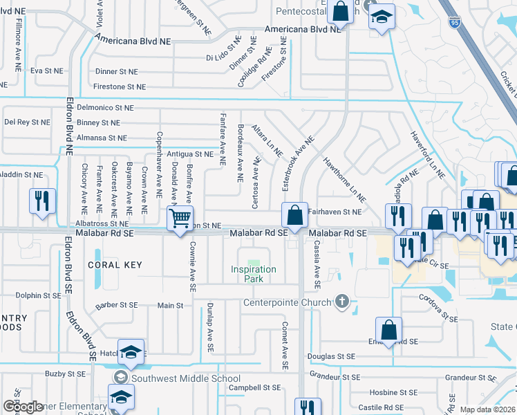 map of restaurants, bars, coffee shops, grocery stores, and more near 756 Fairhaven Street Northeast in Palm Bay