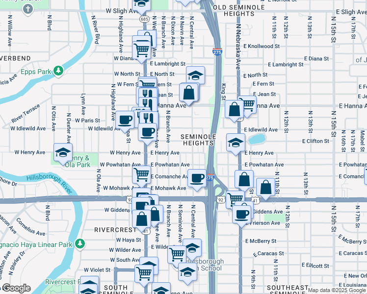 map of restaurants, bars, coffee shops, grocery stores, and more near 5800 North Central Avenue in Tampa