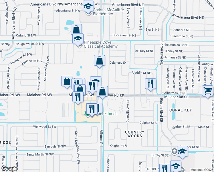map of restaurants, bars, coffee shops, grocery stores, and more near 146 Aviation Avenue Northeast in Palm Bay