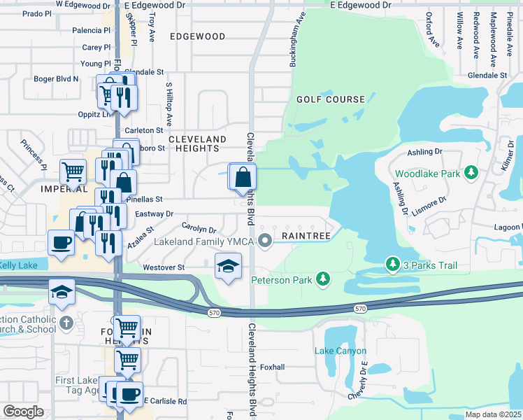 map of restaurants, bars, coffee shops, grocery stores, and more near 3510 Cleveland Heights Boulevard in Lakeland
