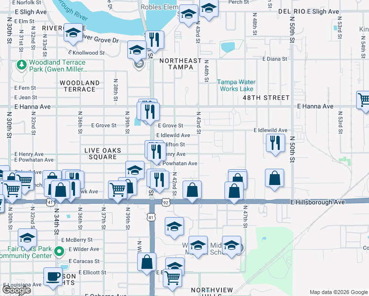 map of restaurants, bars, coffee shops, grocery stores, and more near 4206 East Clifton Street in Tampa