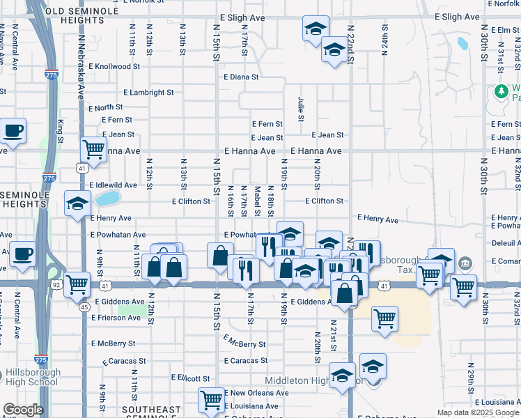 map of restaurants, bars, coffee shops, grocery stores, and more near 5812 North 18th Street in Tampa