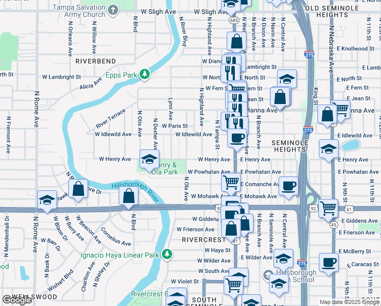 map of restaurants, bars, coffee shops, grocery stores, and more near 5908 North Highland Avenue in Tampa