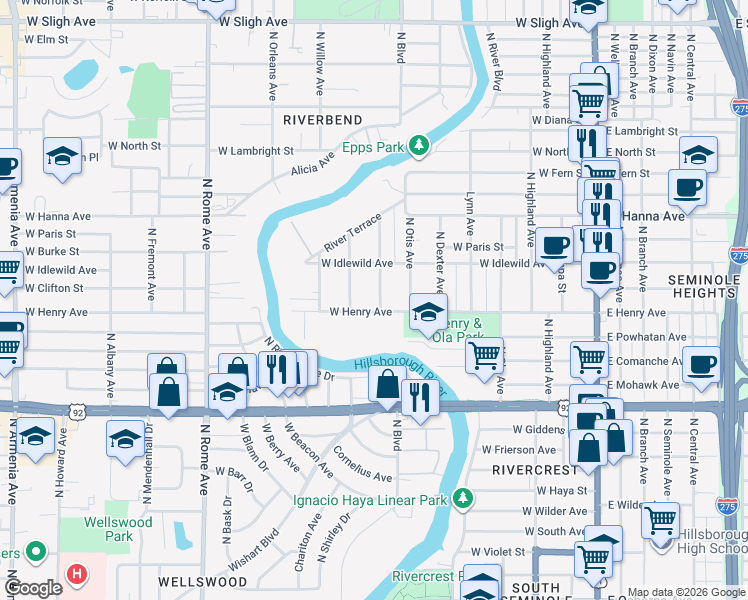 map of restaurants, bars, coffee shops, grocery stores, and more near 5907 North Eustace Avenue in Tampa