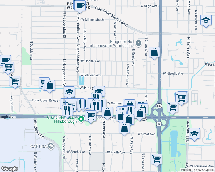 map of restaurants, bars, coffee shops, grocery stores, and more near 5809 North Lois Avenue in Tampa