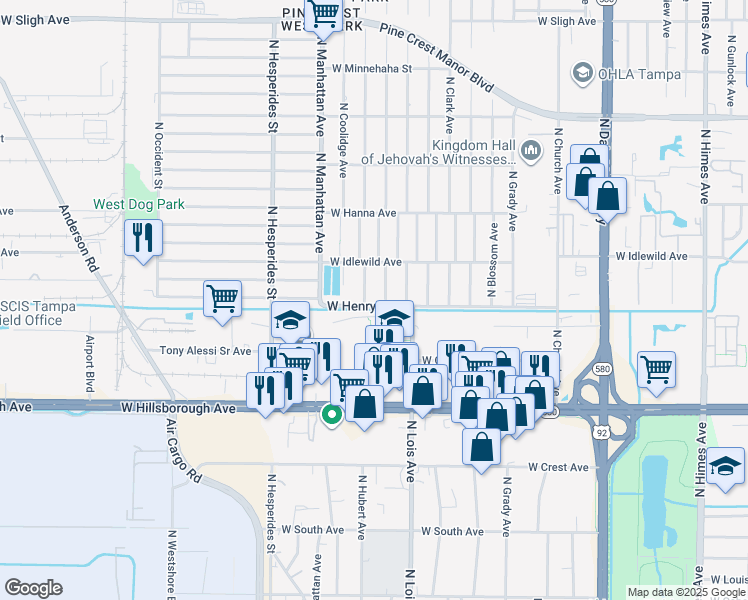 map of restaurants, bars, coffee shops, grocery stores, and more near 5810 North Thatcher Avenue in Tampa