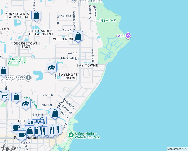 map of restaurants, bars, coffee shops, grocery stores, and more near 1304 Westley Street in Safety Harbor