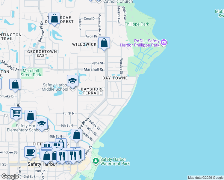 map of restaurants, bars, coffee shops, grocery stores, and more near 1142 Dover Court in Safety Harbor