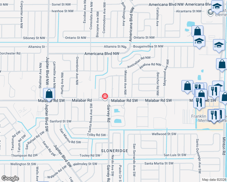 map of restaurants, bars, coffee shops, grocery stores, and more near 121 Andalusia Avenue Northwest in Palm Bay