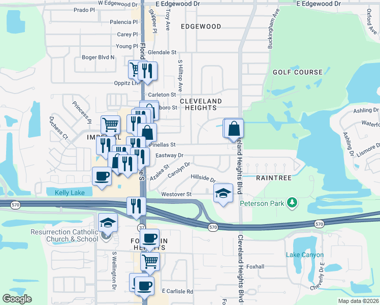 map of restaurants, bars, coffee shops, grocery stores, and more near 324 Eastway Drive in Lakeland