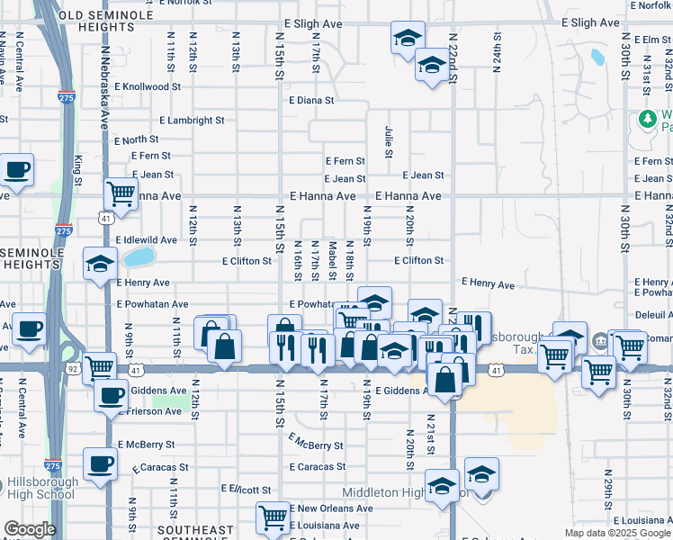 map of restaurants, bars, coffee shops, grocery stores, and more near 5812 North 18th Street in Tampa