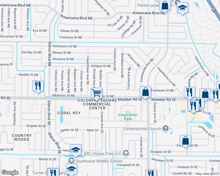 map of restaurants, bars, coffee shops, grocery stores, and more near 638 Concord Street Northeast in Palm Bay