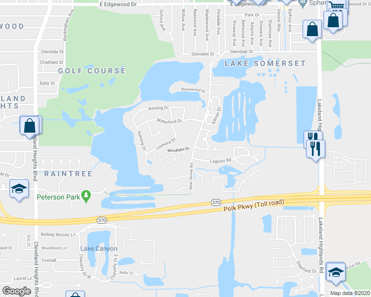 map of restaurants, bars, coffee shops, grocery stores, and more near 1476 Woodlake Drive in Lakeland