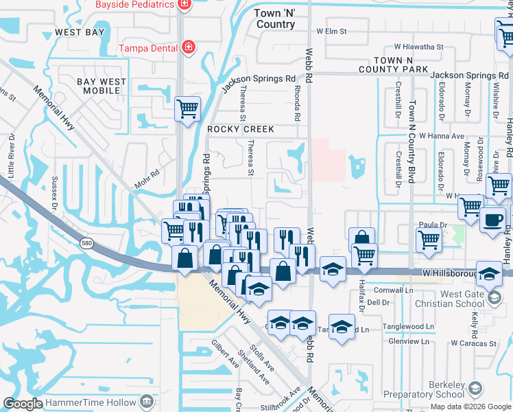 map of restaurants, bars, coffee shops, grocery stores, and more near 8319 King Blossom Court in Tampa