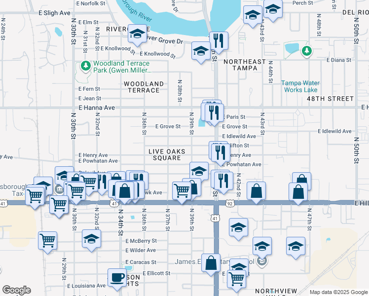 map of restaurants, bars, coffee shops, grocery stores, and more near 3712 East Clifton Street in Tampa