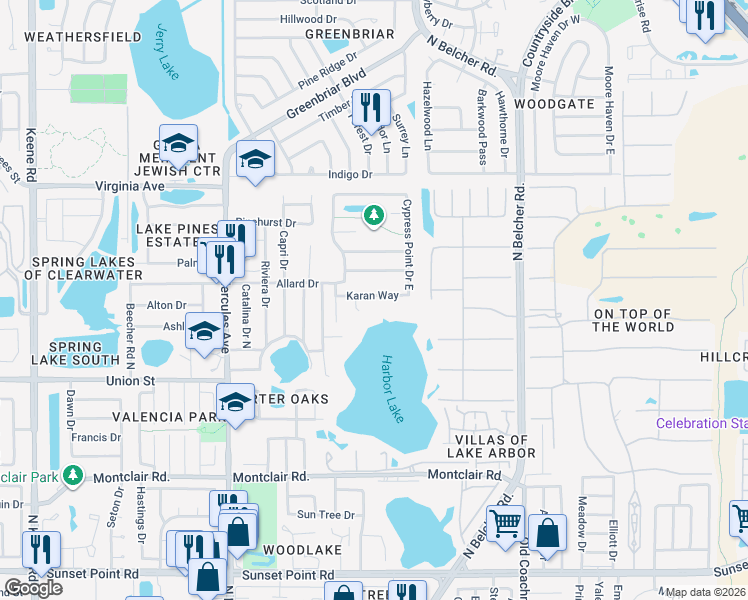 map of restaurants, bars, coffee shops, grocery stores, and more near 2140 Karan Way in Clearwater